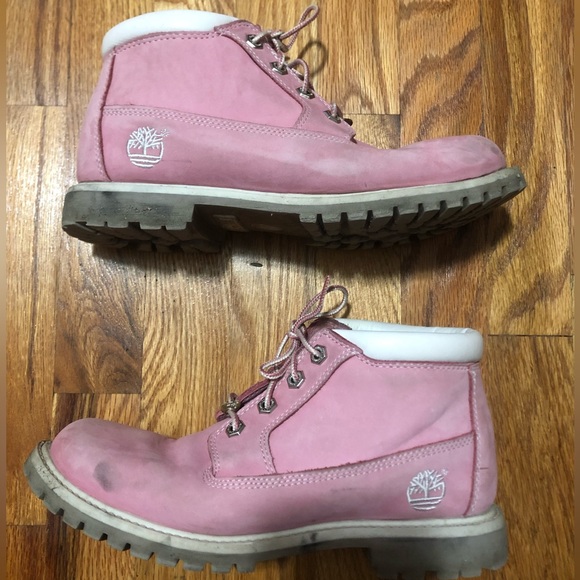 RARE!! Timberland Women’s Pink/White Leather Lace Up Boots Size 8 - Picture 4 of 8